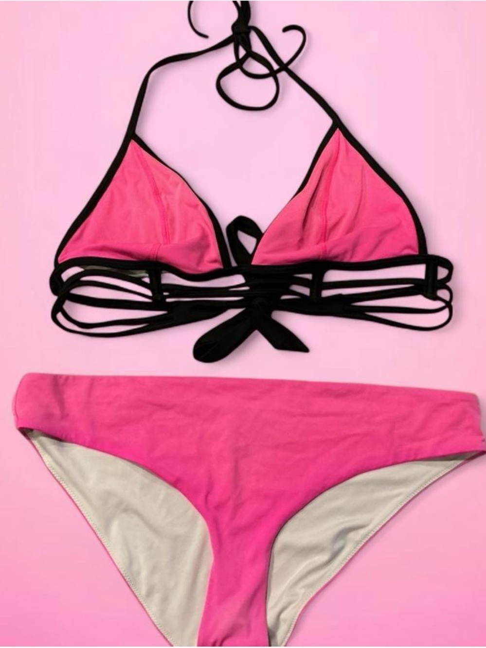 💕PINK Victoria's Secret Pink Triangle Bikini with Black Strap Detailing